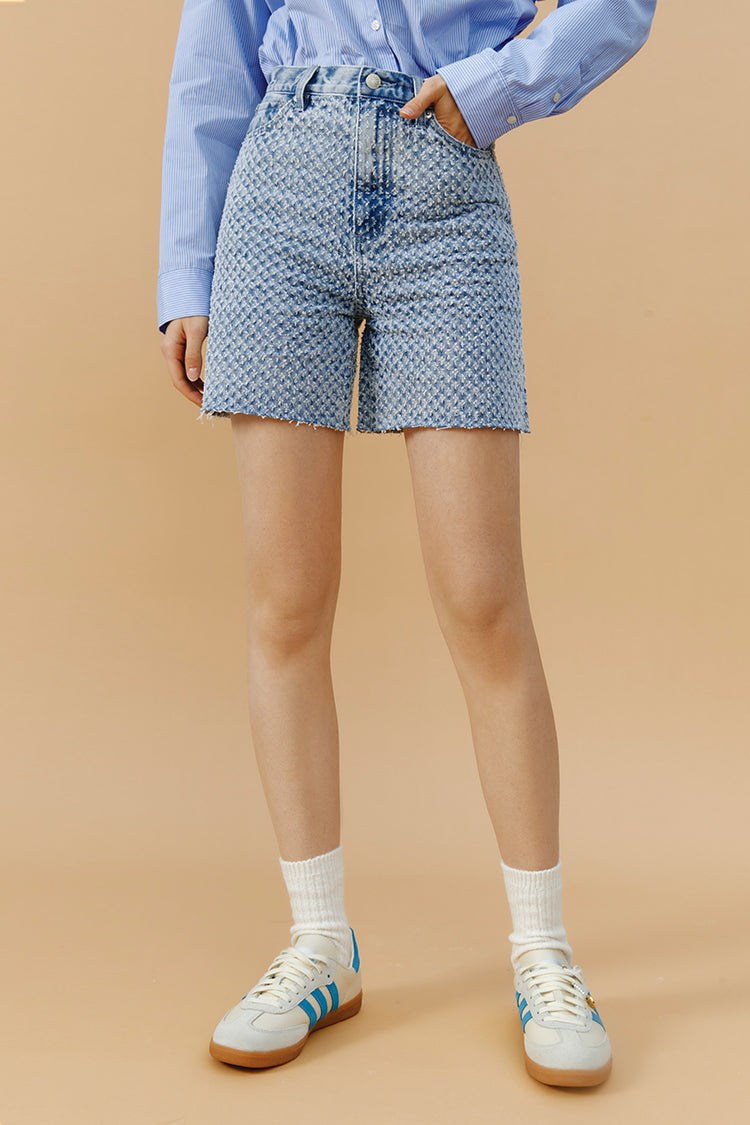 Hey Joanie Venice Tweed High Rise Shorts in a stylish tweed fabric, showcasing their high waist and tailored fit.