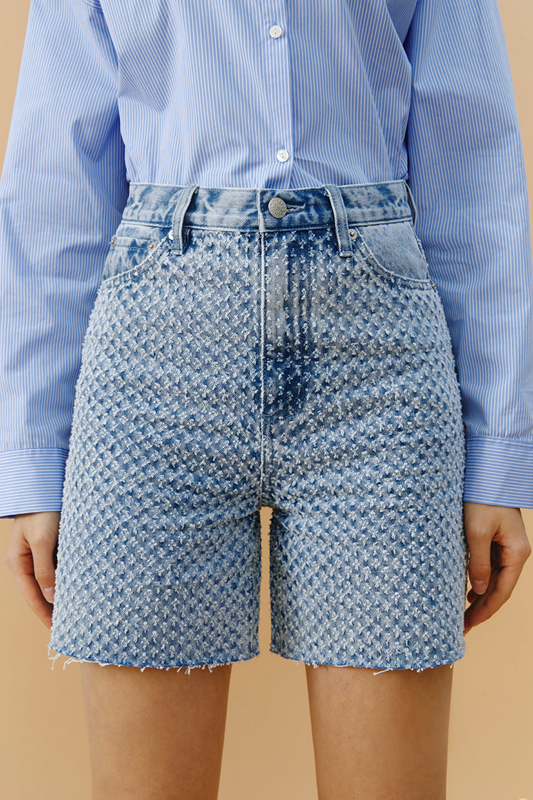 Hey Joanie Venice Tweed High Rise Shorts, stylish women's shorts in a classic tweed fabric with a high waist design.