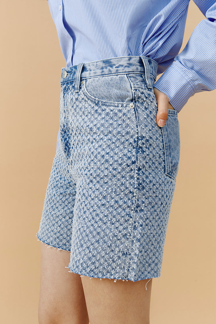 Hey Joanie Venice Tweed high-rise shorts in beige, featuring a textured tweed fabric and a tailored fit.