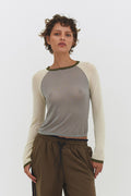 Findmenowthelabel Mirinae raglan top in Matcha Mel featuring vintage khaki and dark olive colors, casual fit and soft fabric.