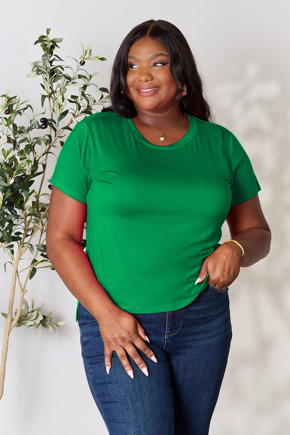 ShopBasicbae Basic Bae round neck short sleeve T-shirt, full size, casual tops, soft fabric, classic fit, in a neutral color.
