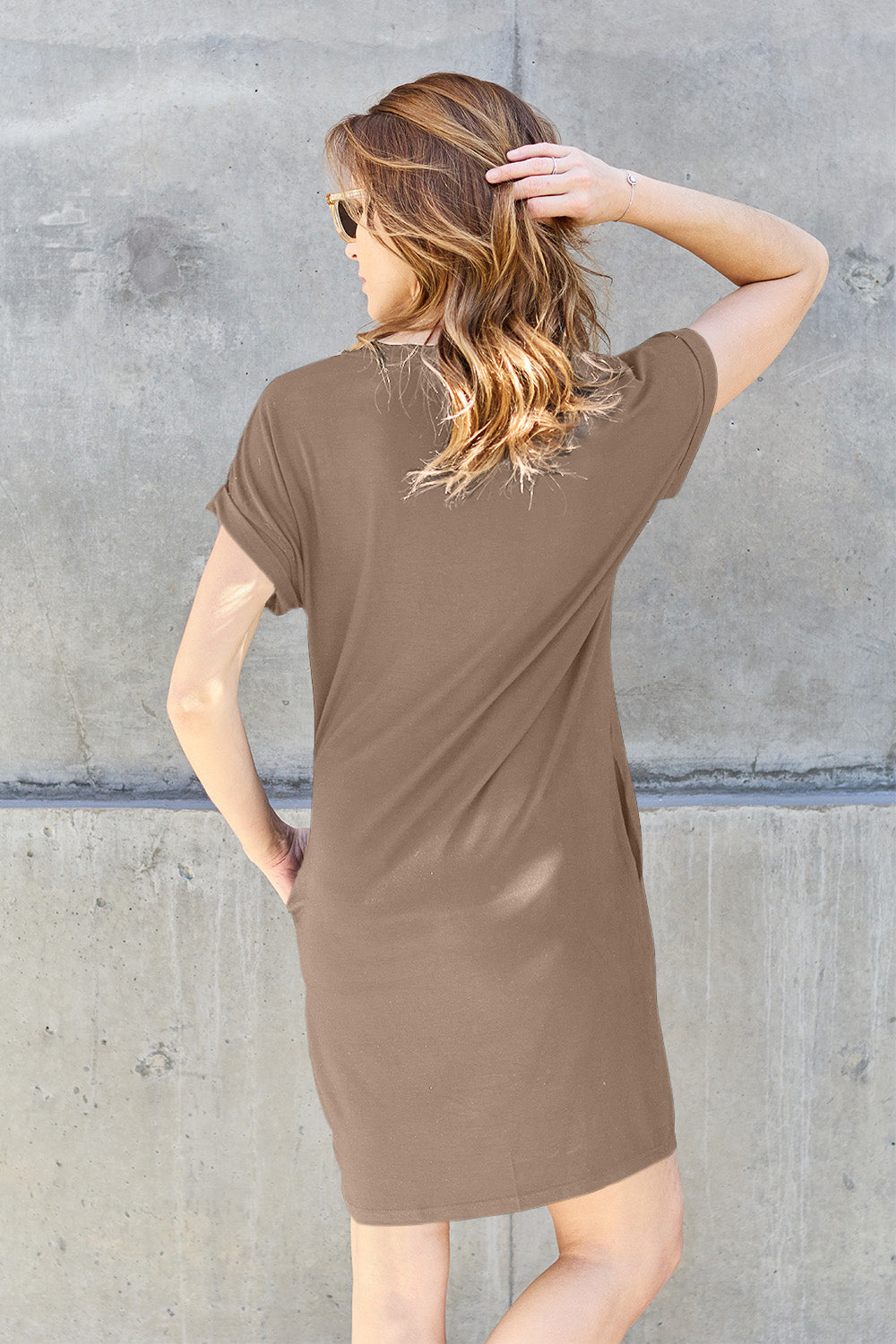 ShopBasicbae basic Bae full-size round neck short sleeve dress with pockets, shown in a neutral color on a mannequin.