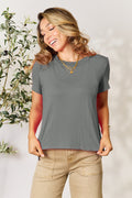 ShopBasicbae Basic Bae round neck short sleeve T-shirt, a casual full-size top in soft fabric, displayed on a plain background.