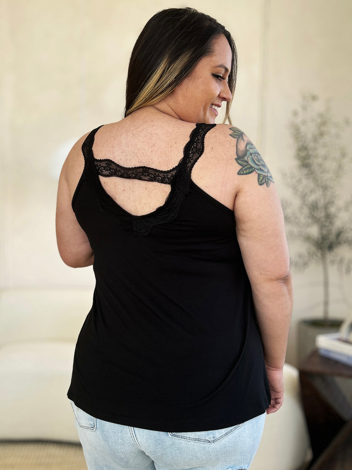 ShopBasicbae lace detail V-neck cami top with cutout design, full size, lightweight and stylish for casual wear.
