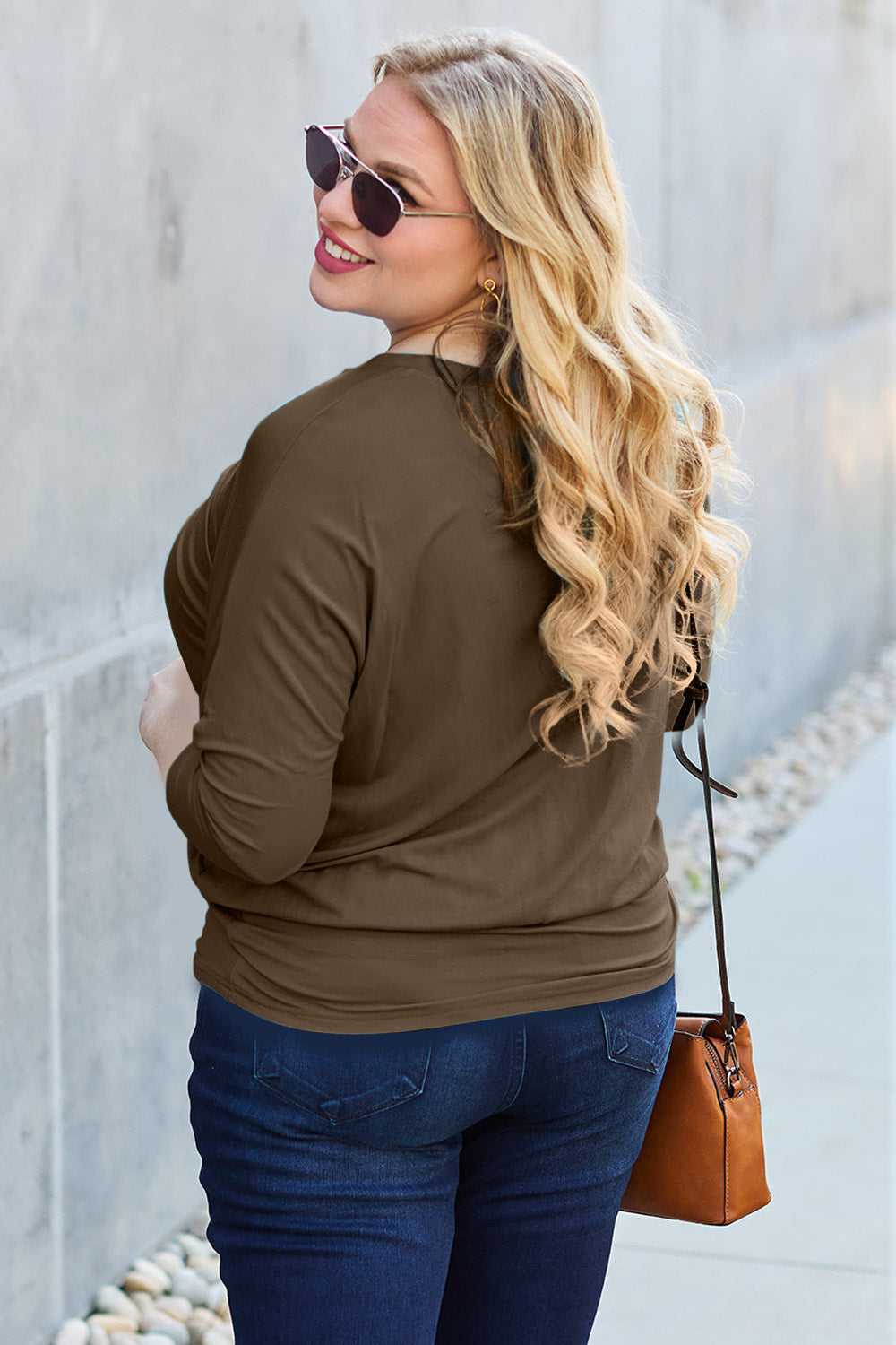 Basic Bae full size round neck batwing sleeve top, shown in soft fabric with relaxed fit and wide neckline, in a neutral color.