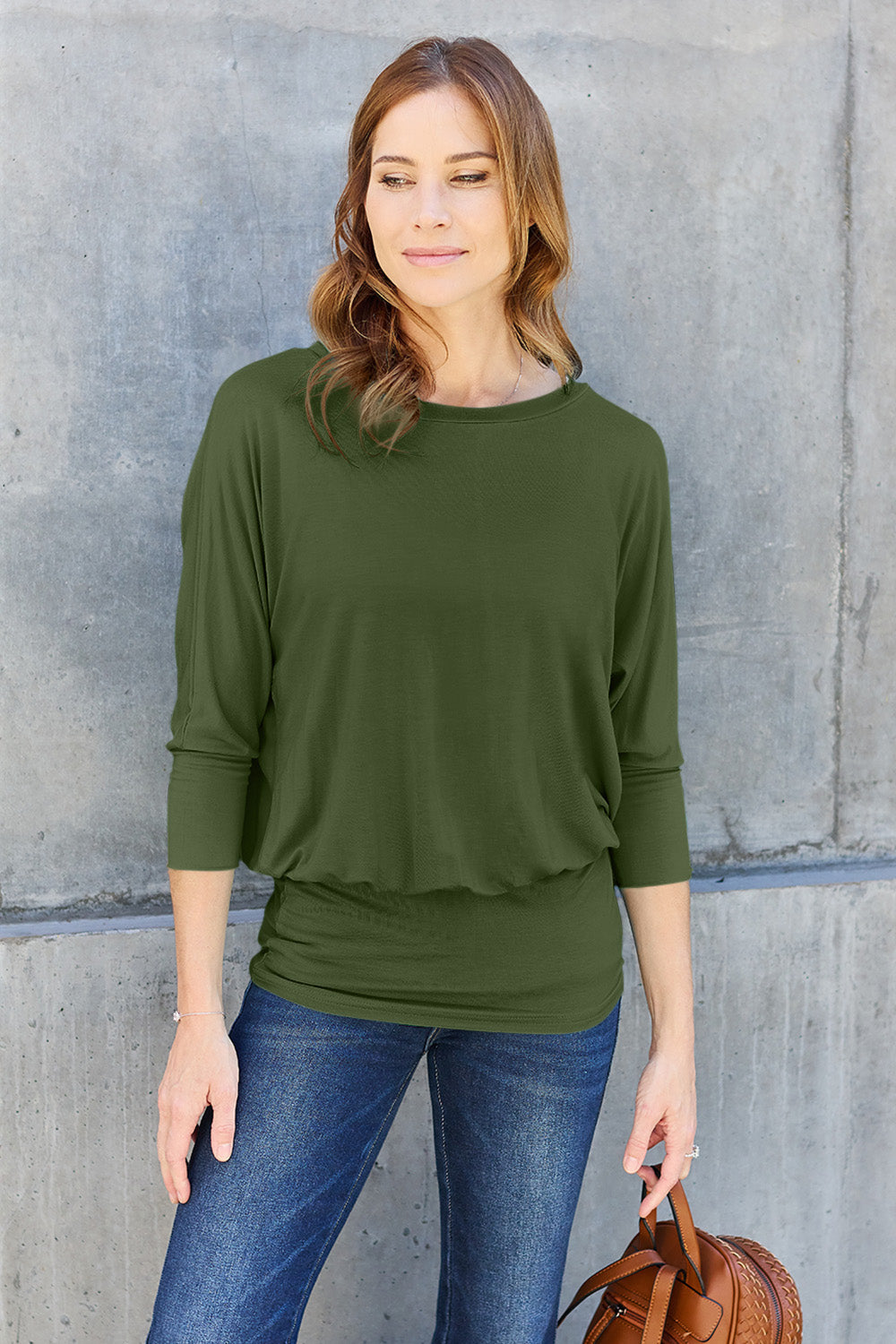 ShopBasicbae Basic Bae full-size round neck batwing sleeve top, shown in a casual fit with long sleeves and a classic round neckline.