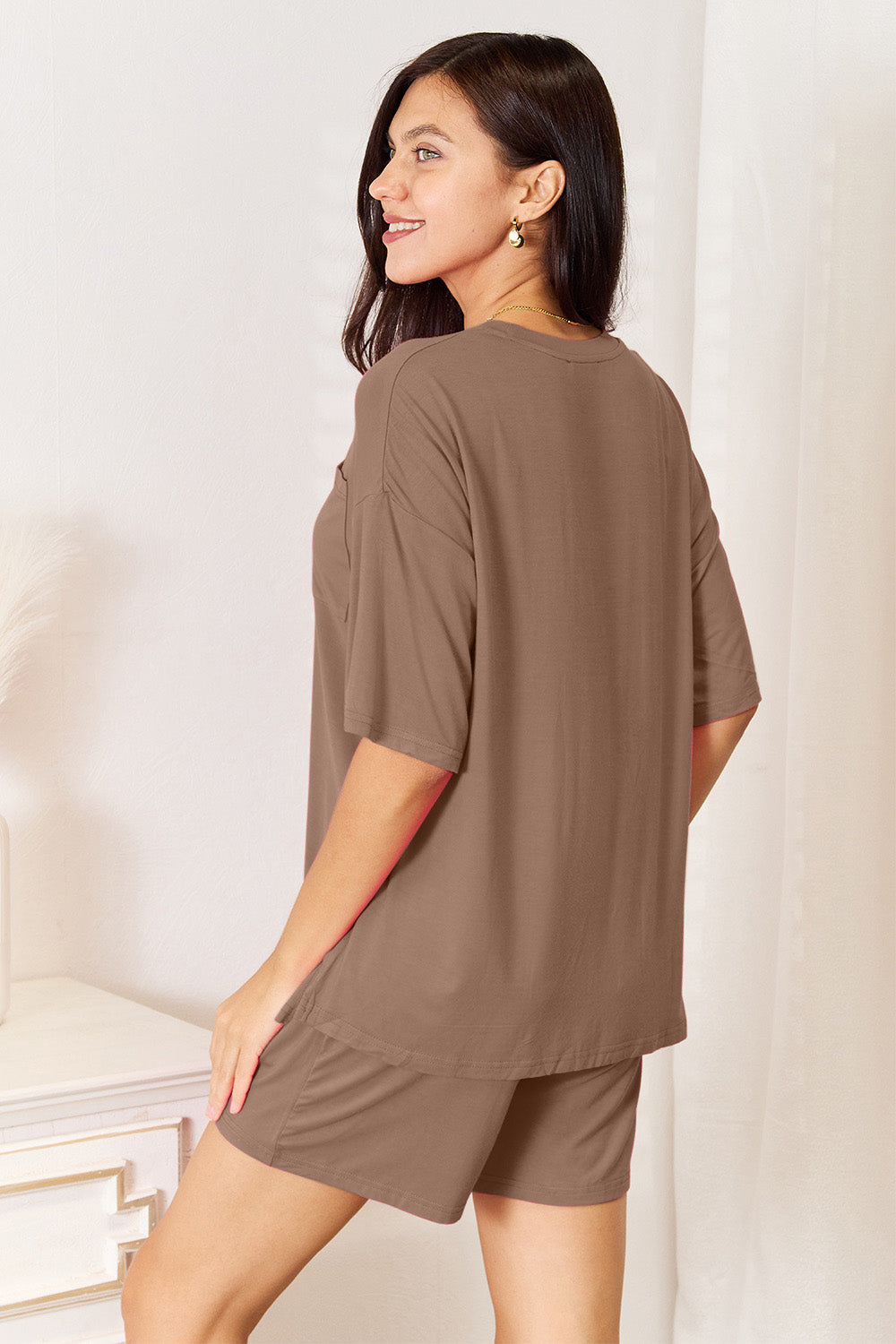 ShopBasicbae Basic Bae soft rayon half sleeve top and matching shorts set, casual loungewear with comfortable relaxed fit.