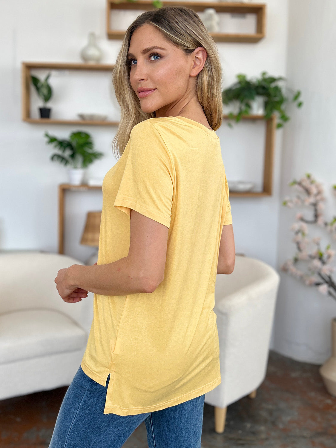 Basic Bae Bamboo V-Neck High-Low T-Shirt, full-size women's tops in natural bamboo fabric, featuring a stylish V-neck and high-low hem.