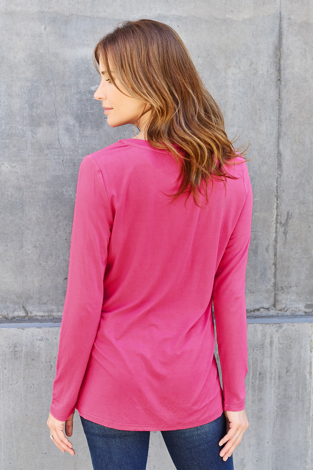 ShopBasicbae Basic Bae V-Neck Long Sleeve Top, full size, soft fabric, fitted long sleeve shirt with V-neck detail.