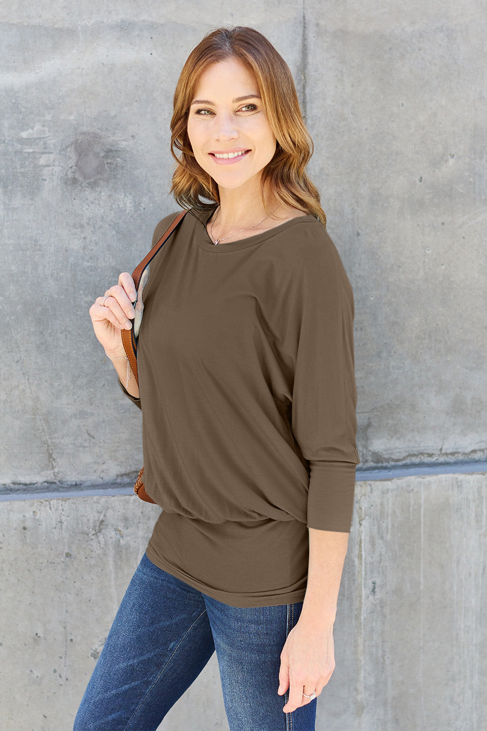 ShopBasicbae Basic Bae round neck batwing sleeve top, full size, casual style, lightweight fabric, shown on a hanger.