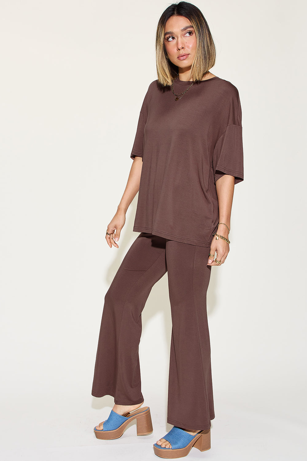 ShopBasicbae bamboo drop shoulder T-shirt and flare pants set, featuring a relaxed fit and casual style in natural bamboo fabric.