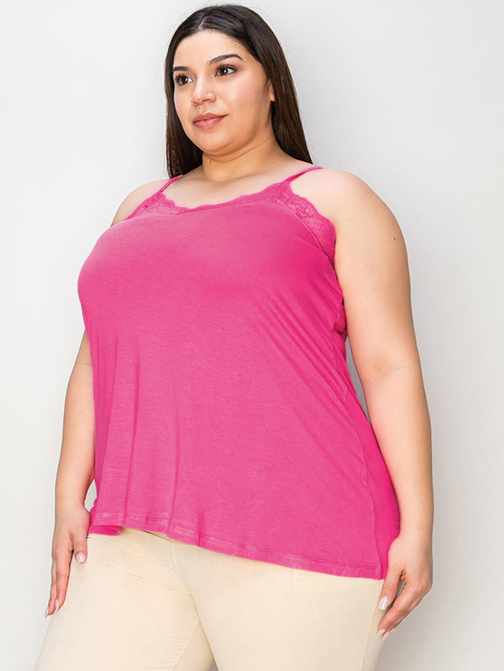 ShopBasicbae Basic Bae full-size lace trim V-neck cami top with delicate lace details and soft fabric, shown on a neutral background.