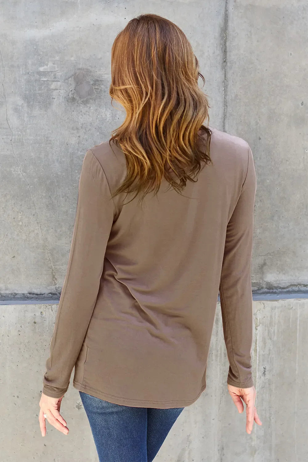 Women's round neck long sleeve top by ShopBasicbae, soft fabric, fitted style, shown in a neutral color with close-up of fabric texture.