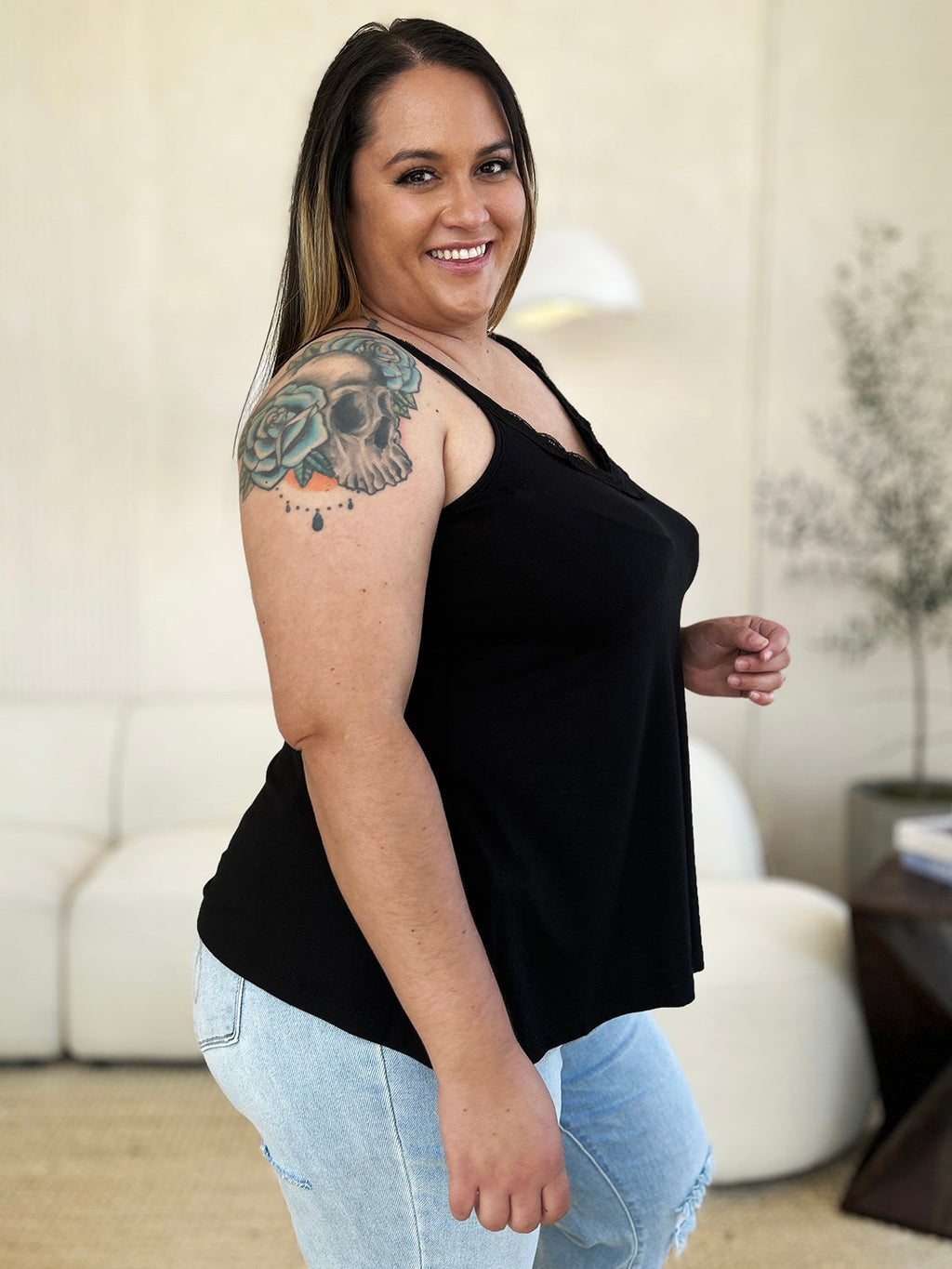 ShopBasicbae lace detail V-neck cutout cami top in neutral color, featuring a flattering V-neck and delicate lace accents.