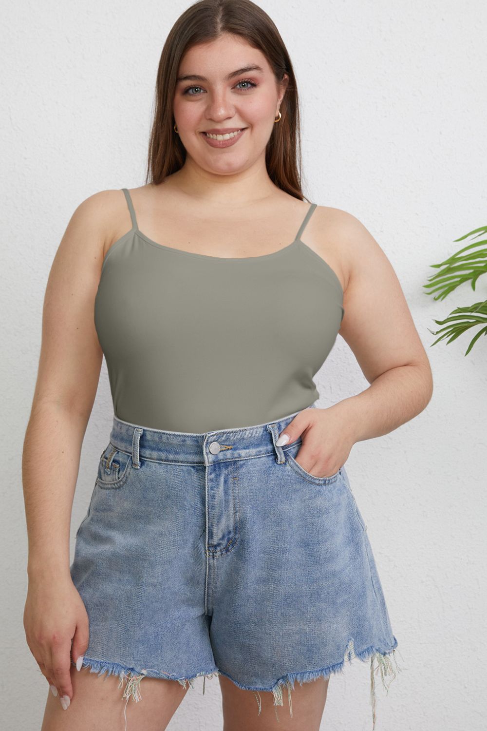 ShopBasicbae Basic Bae full size round neck slim cami top, close-up view showing soft fabric and fitted silhouette.