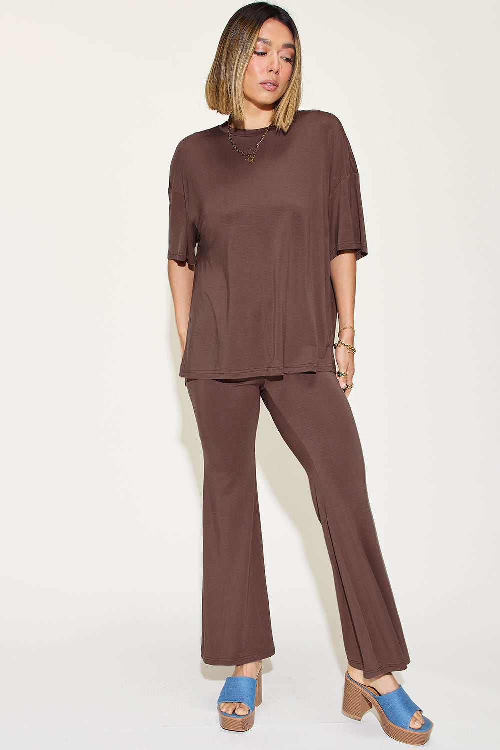 Basic Bae bamboo drop shoulder T-shirt and flare pants set, full size, featuring a relaxed fit and natural bamboo fabric.