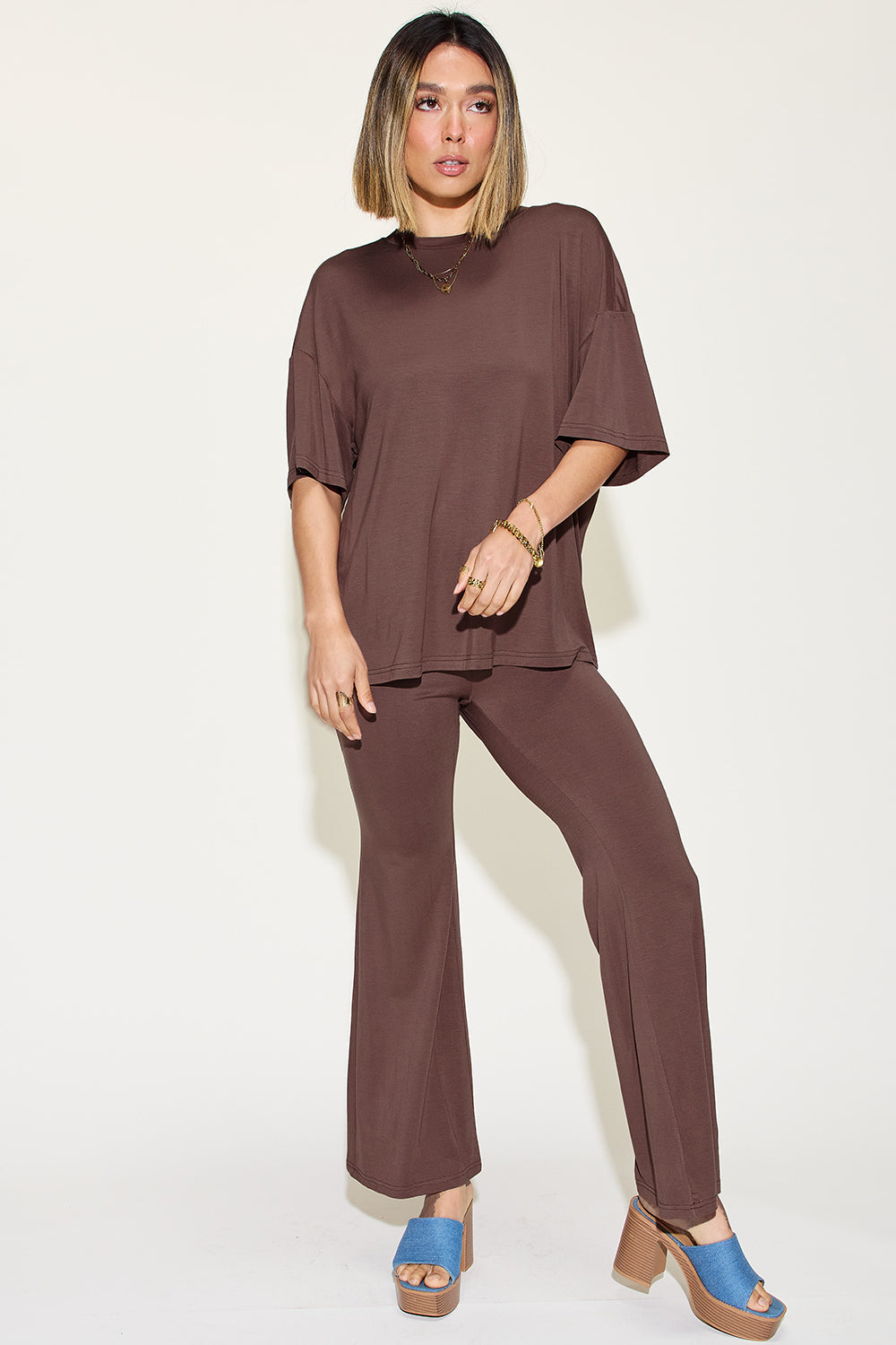 ShopBasicbae bamboo drop shoulder T-shirt and flare pants set, featuring a relaxed fit with natural bamboo fabric and stylish design.