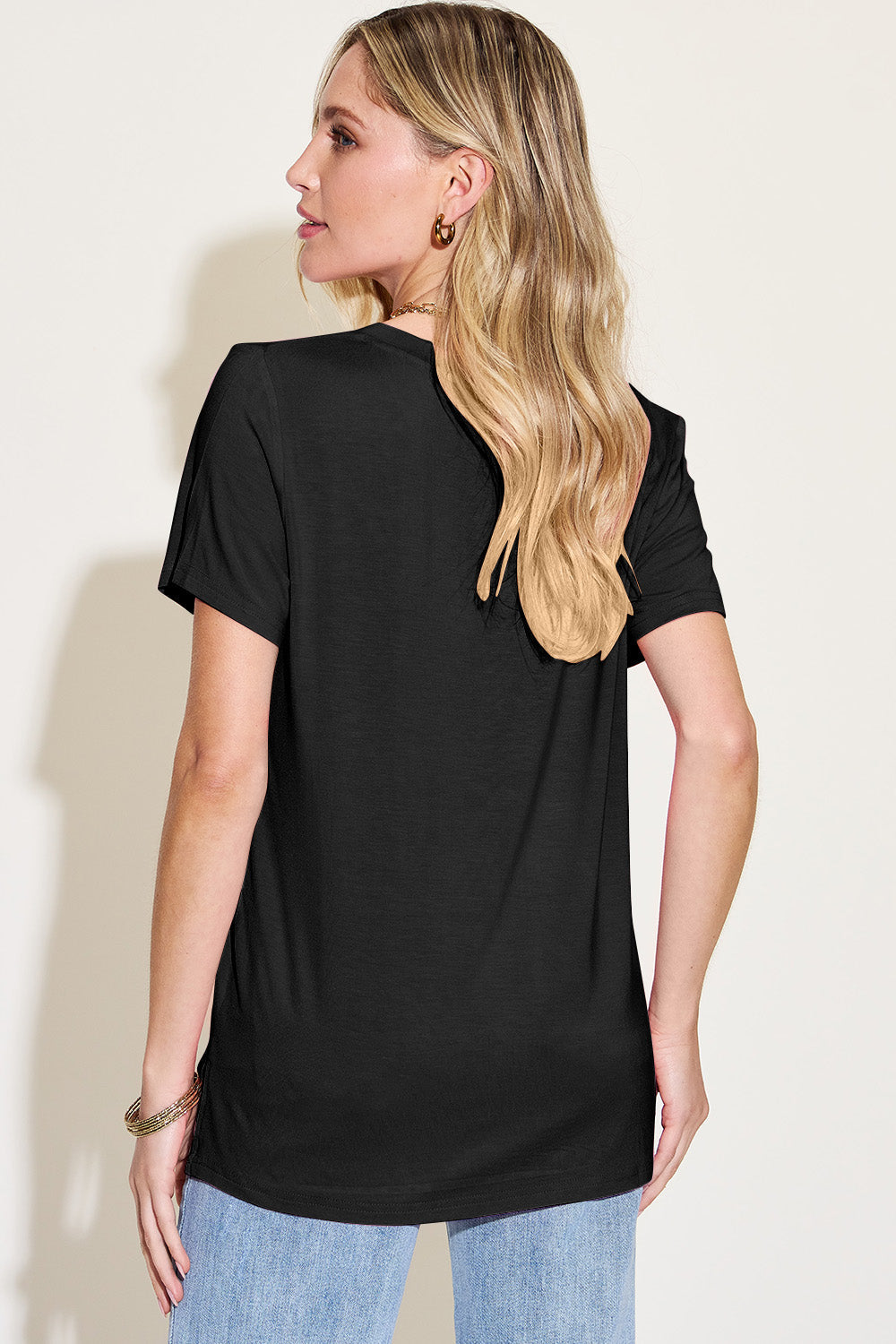 ShopBasicbae bamboo V-neck high-low T-shirt, full size, showcasing the casual, comfortable bamboo fabric and stylish design.