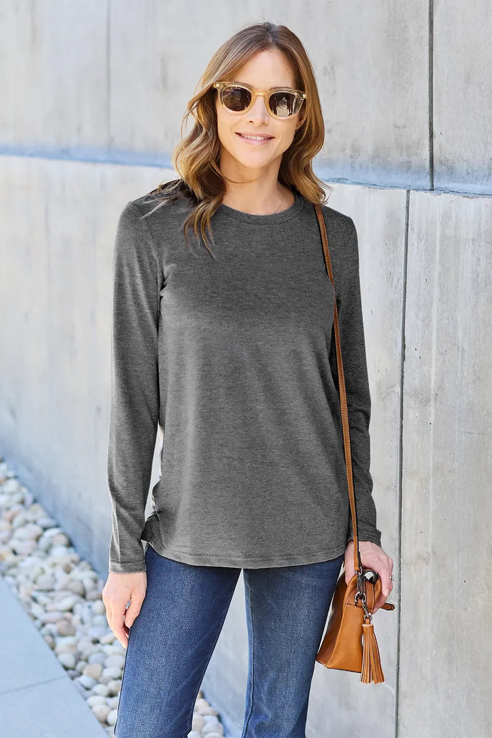 Women's round neck long sleeve top by ShopBasicbae, featuring a comfortable fit and classic design in a soft fabric.