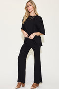 ShopBasicbae bamboo drop shoulder T-shirt and flare pants set, featuring a relaxed fit with natural bamboo fabric and casual style.