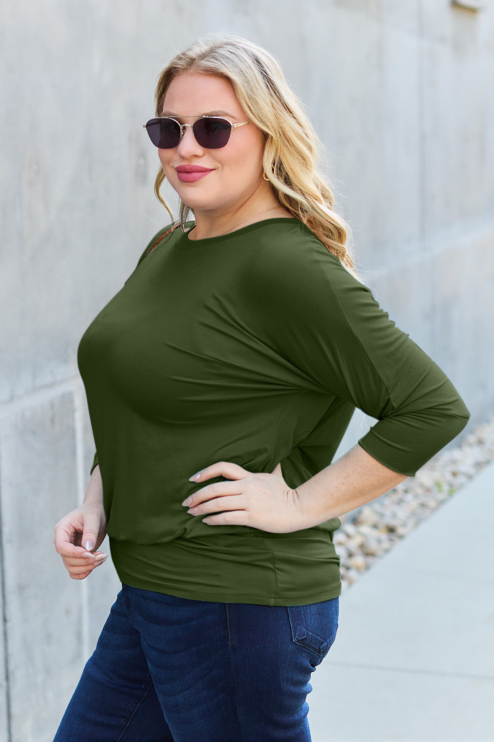 ShopBasicbae Basic Bae round neck batwing sleeve top, full size, casual women's blouse with relaxed fit and comfortable fabric.