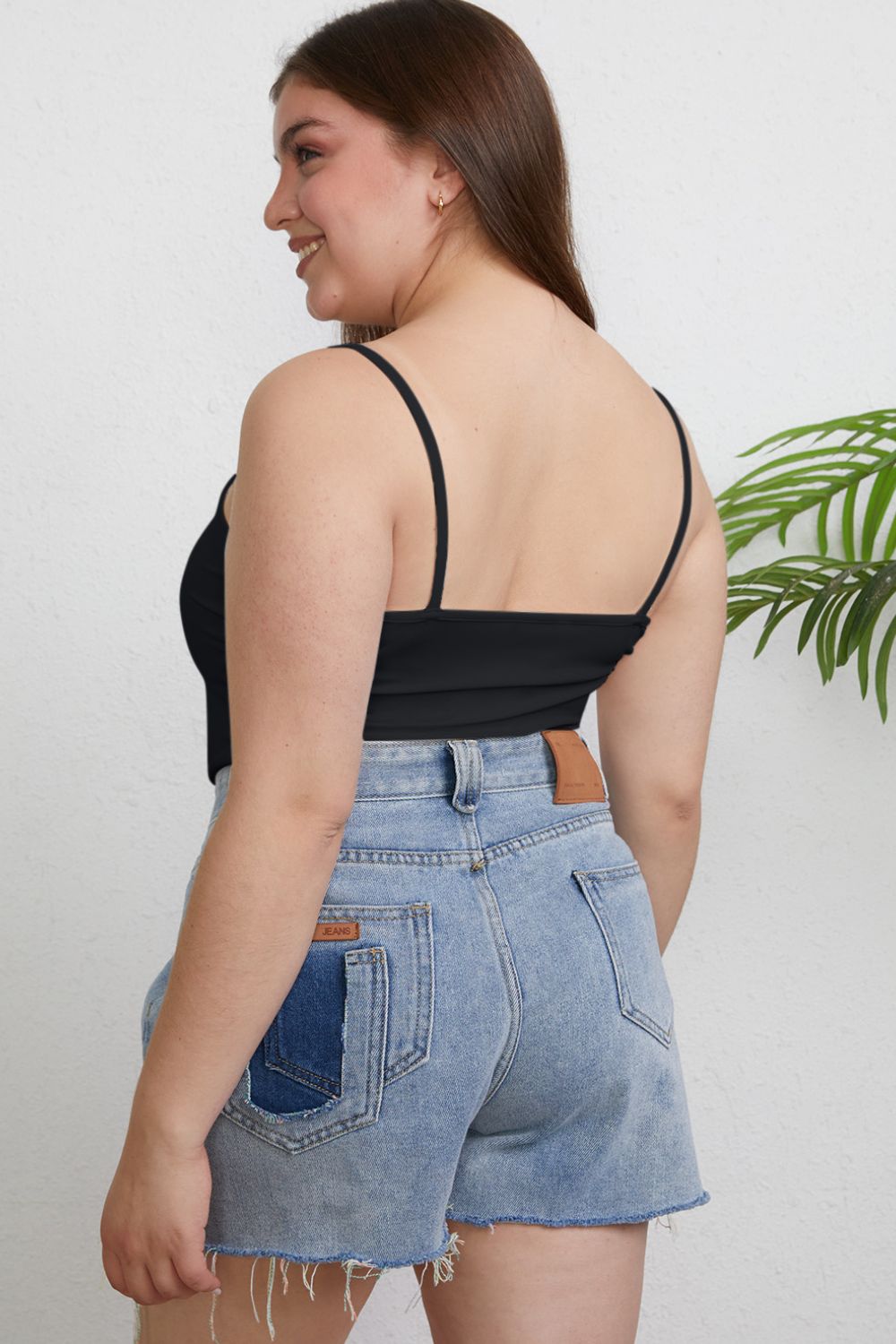 ShopBasicbae Basic Bae full size round neck slim cami top, lightweight and fitted, shown in black with a scoop neckline.