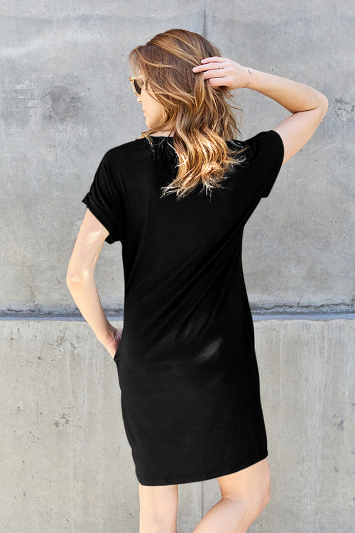 ShopBasicbae bamboo full-size round neck short sleeve dress with pockets, featuring a casual and comfortable design.