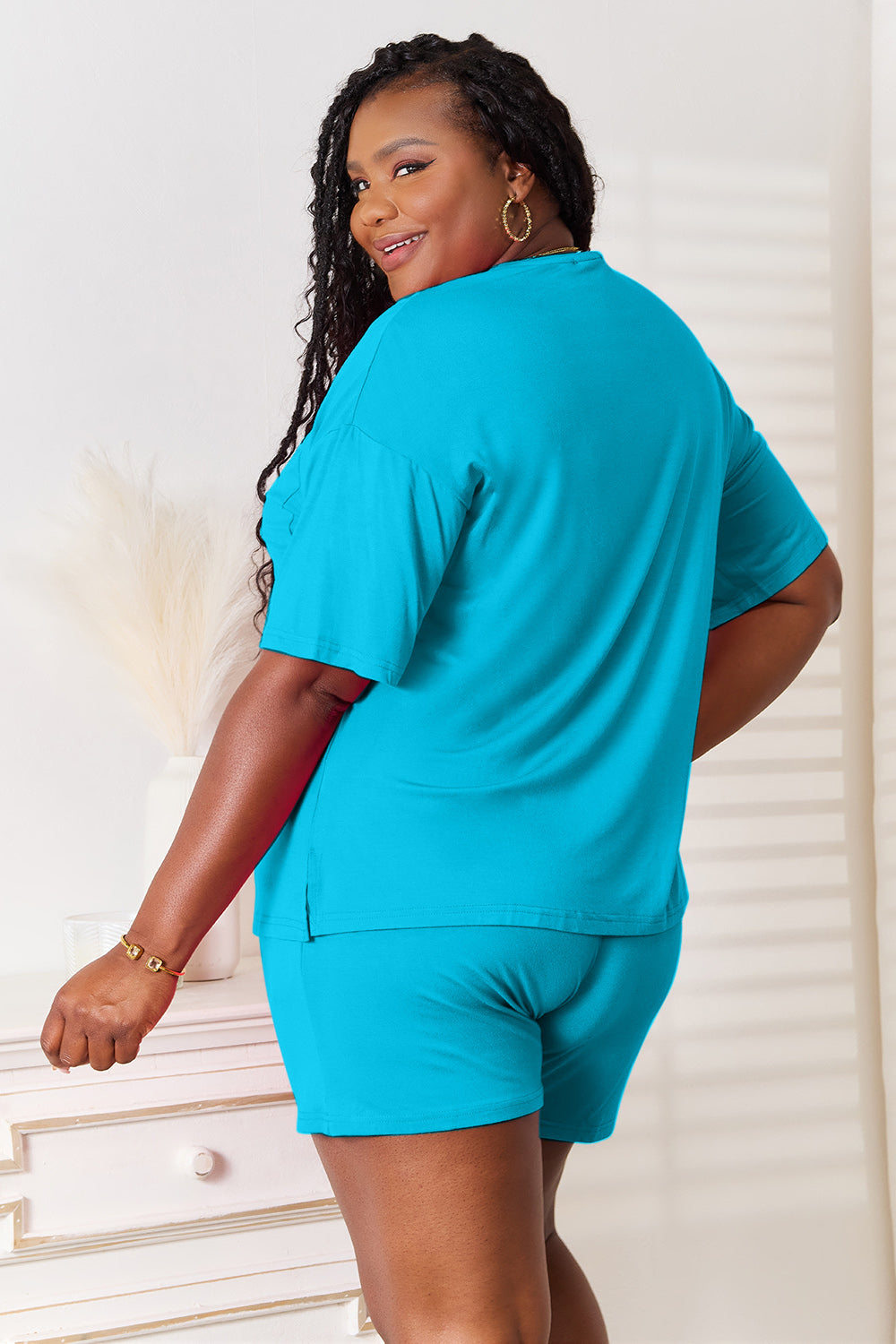 ShopBasicbae Basic Bae soft rayon half sleeve top and shorts set, casual comfortable loungewear with relaxed fit and breathable fabric.