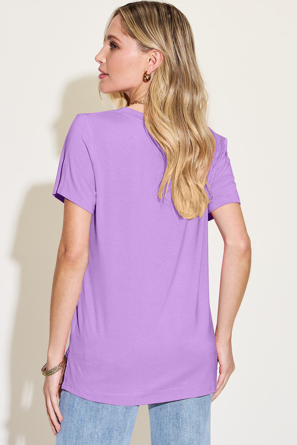 ShopBasicbae bamboo full size v-neck high-low t-shirt, beige color, with relaxed fit and V-neck design, casual top for everyday wear.
