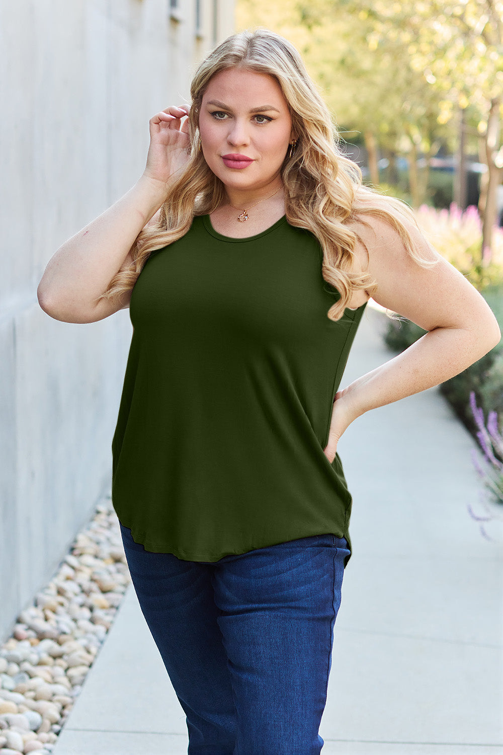 ShopBasicbae Basic Bae tank top with a round neck and curved hem, shown in a full-size, casual fit on a plain background.
